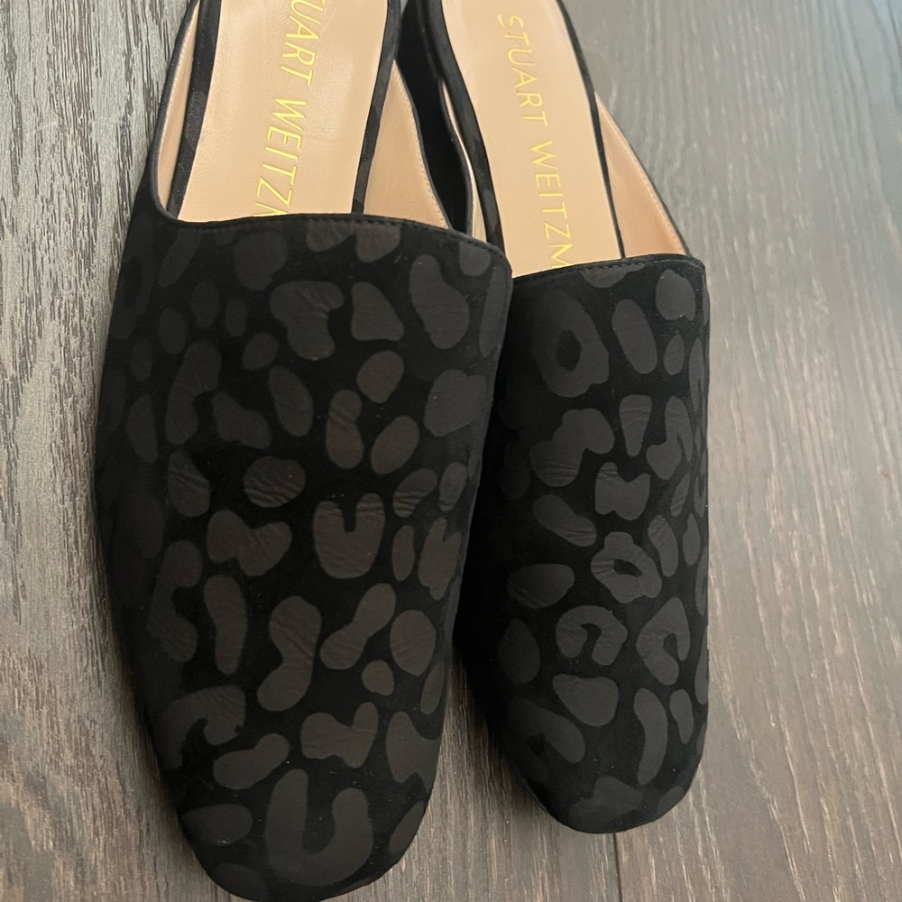Stuart Weitzman Black Mulearky Leopard Mules shoes size 8
